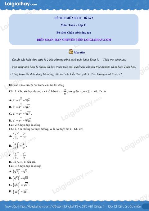 Đề thi giữa kì 2 Toán 11 Chân trời sáng tạo - Đề số 2